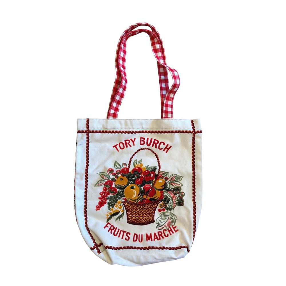 Tory Burch Fruits Du Marche Canvas Tote Bag Limited Edition Plaid Gingham Picnic